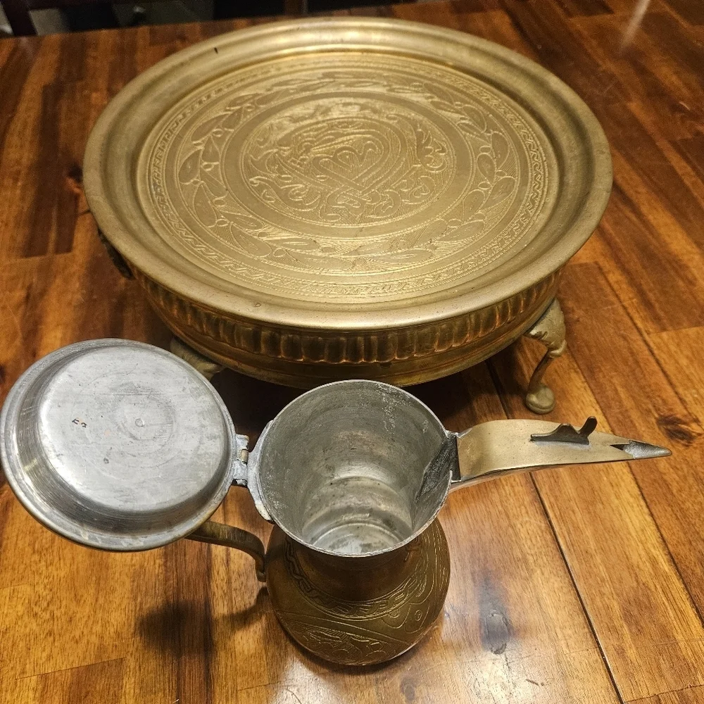 Brass Tea Set Arabian Jewish Coffee Pot Antique Set of 11 Cups w/ Tray Tea Pot